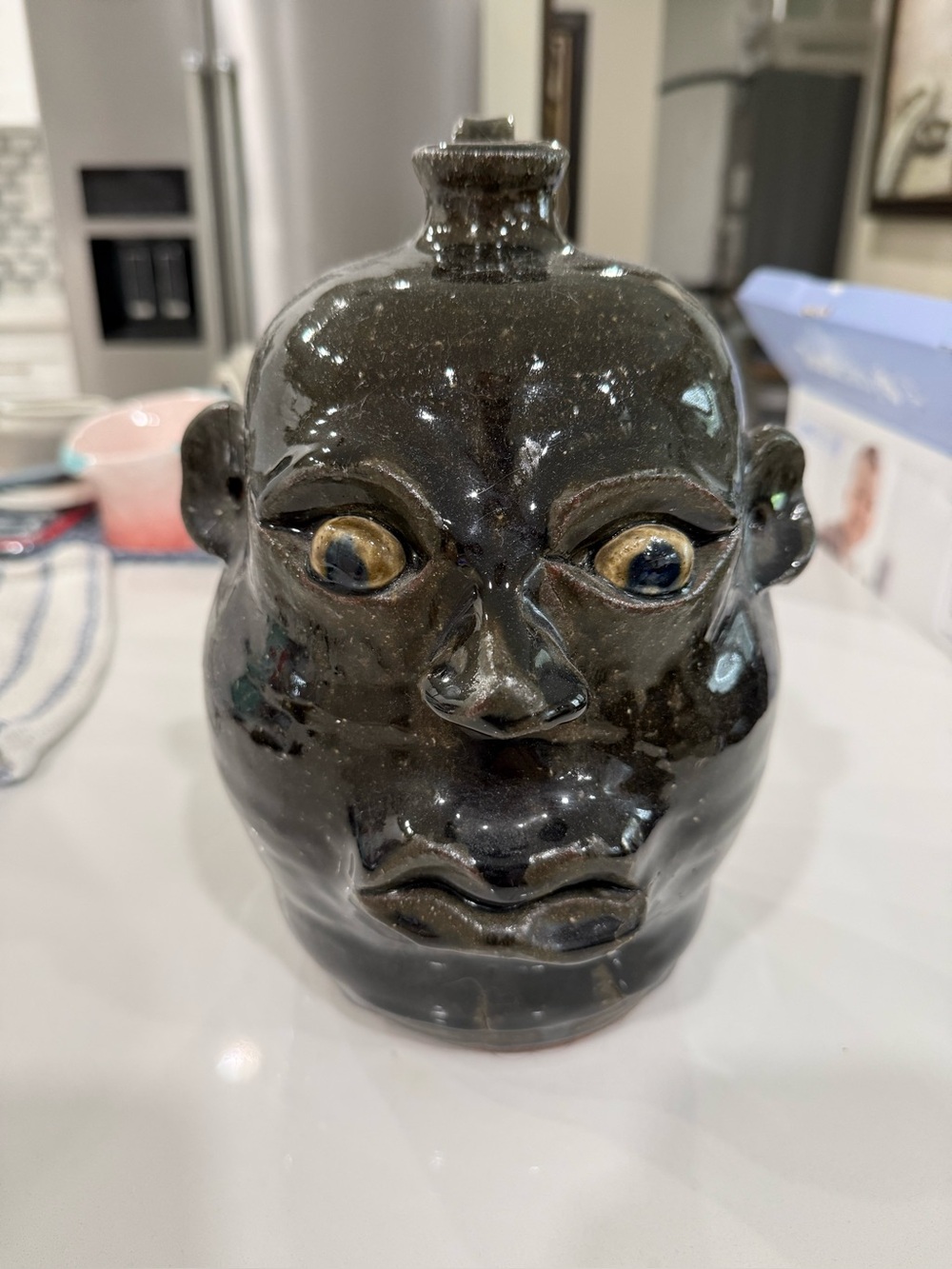 Anita Meaders, Dark Glazed Ceramic Face Vase - Black Decorative Home Art